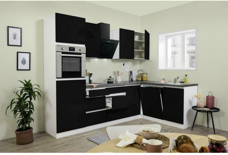 Küchenzeile Premium mit Geräten 280 cm Weiß/Schwarz Modern