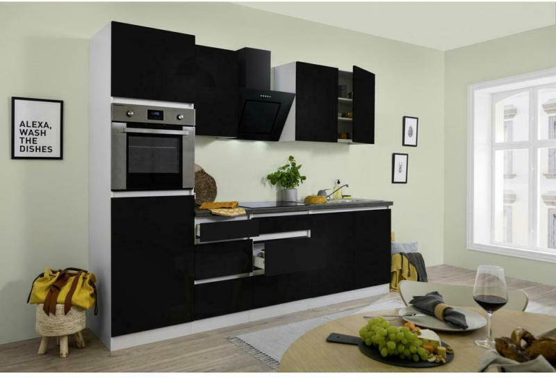 Küchenzeile Premium mit Geräten 270 cm Schwarz/Weiß Hochglanz