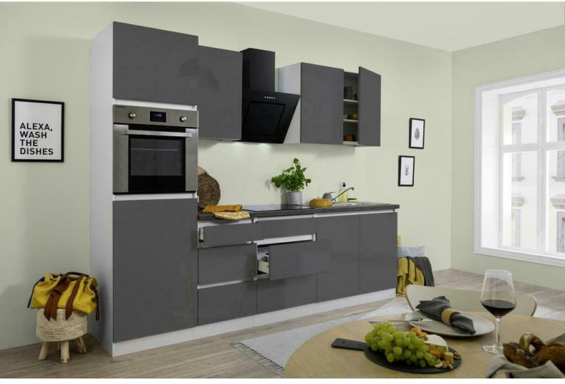 Küchenzeile Premium mit Geräten 270 cm Weiß/Grau Hochglanz