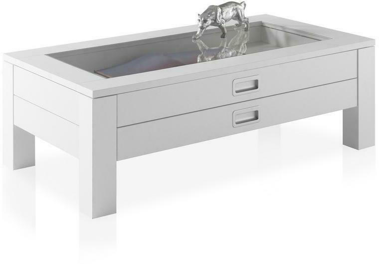 Couchtisch mit Glasplatte und Schubladen Fabia, Weiß