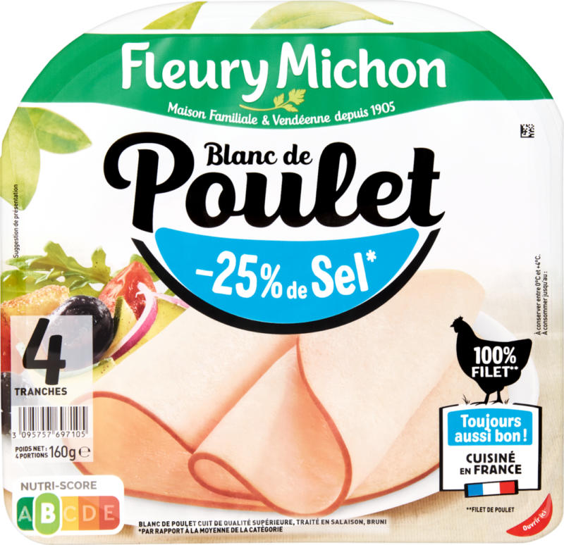 Duo Blanc de poulet Fleury Michon, Francia, -25% de Sel, 2 x 160 g