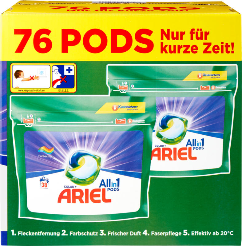 Detersivo All in 1 Pods Color Ariel, 76 cicli di lavaggio
