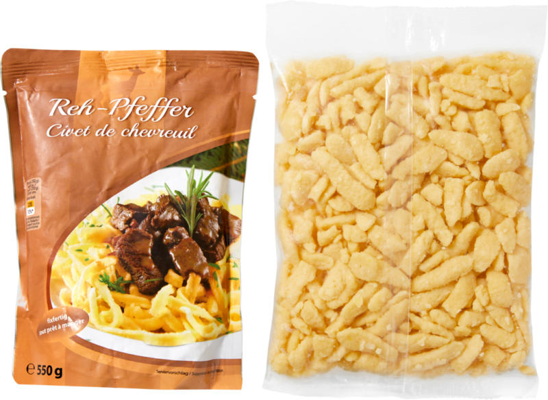 Capriolo in salmì e spätzli all'uovo, Austria, 550 g di capriolo in salmì e 500 g di spätzli all'uovo