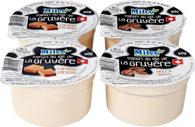 Milco Joghurt au lait de Gruyère , assortiert: Caramel und Mocca, 4 x 90 g
