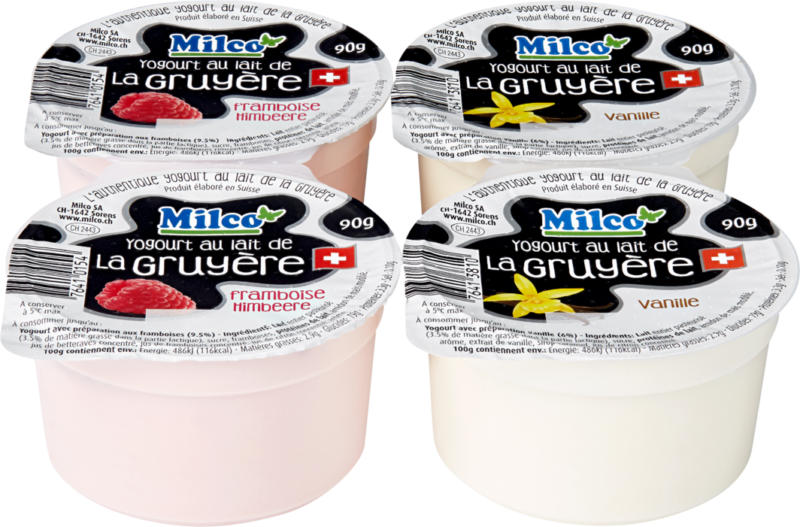 Milco Yogourt au lait de la Gruyère, assortiert: Vanille und Himbeere, 4 x 90 g