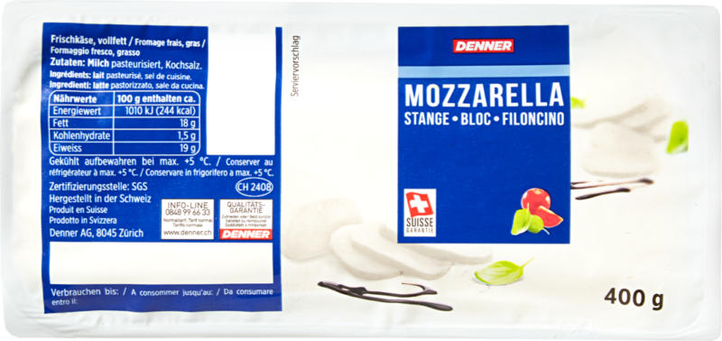 Bloc de mozzarella Denner, Suisse, 400 g