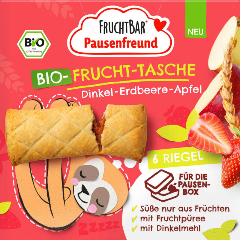 FruchtBar Kindersnack Pausenfreund Frucht-Tasche, Dinkel, Erdbeere, Apfel ab 3 Jahren 6x22g