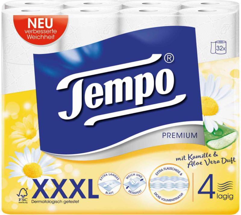 Tempo Toilettenpapier Kamille + Aloe Vera 4-lagig XXXL PACK 32 Rollen -