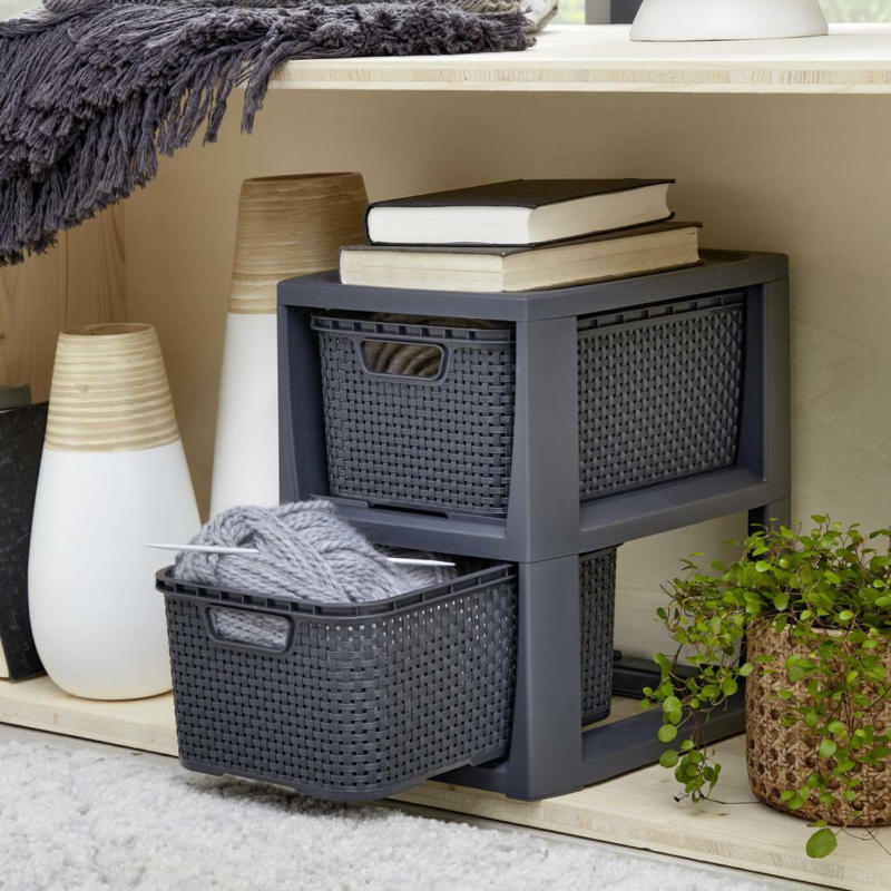 Schubladenbox Rattan Weiß , Anthrazit, 24,1x29,6x33 cm