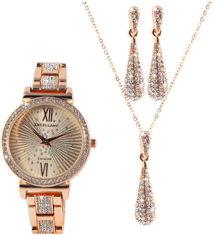 Excellanc Parure de bijoux avec montre, clous d’oreilles et collier, couleur or rose -