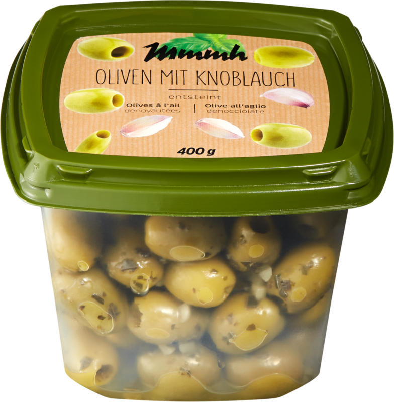 Olives vertes dénoyautées Mmmh, à l'ail, 400 g