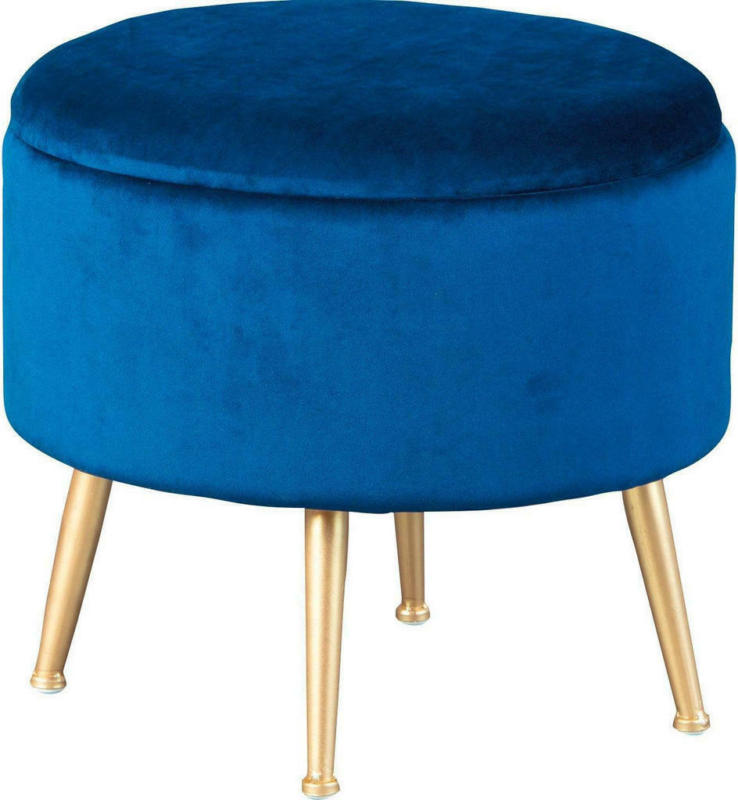Hocker in Holz, Metall, Textil Blau, Goldfarben
