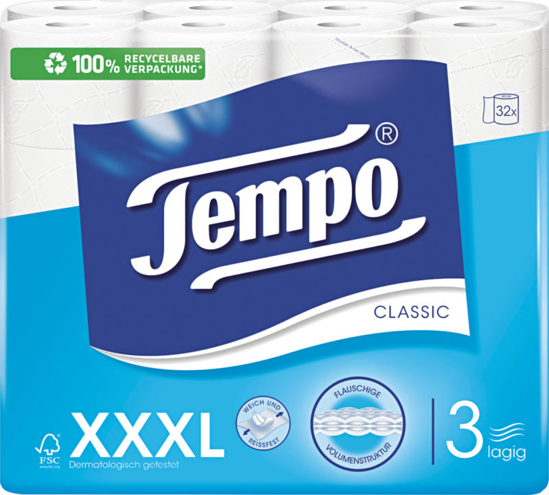 Carta igienica Classic Tempo , bianca, a 3 veli, 32 x 150 strappi