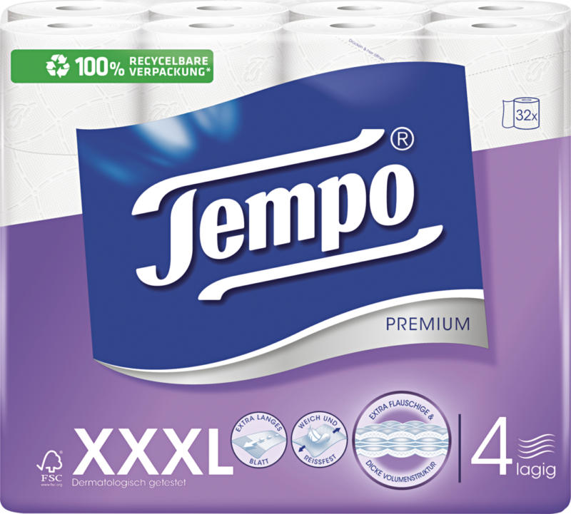 Carta igienica Premium Tempo, bianca, 4 veli, 32 x 110 strappi