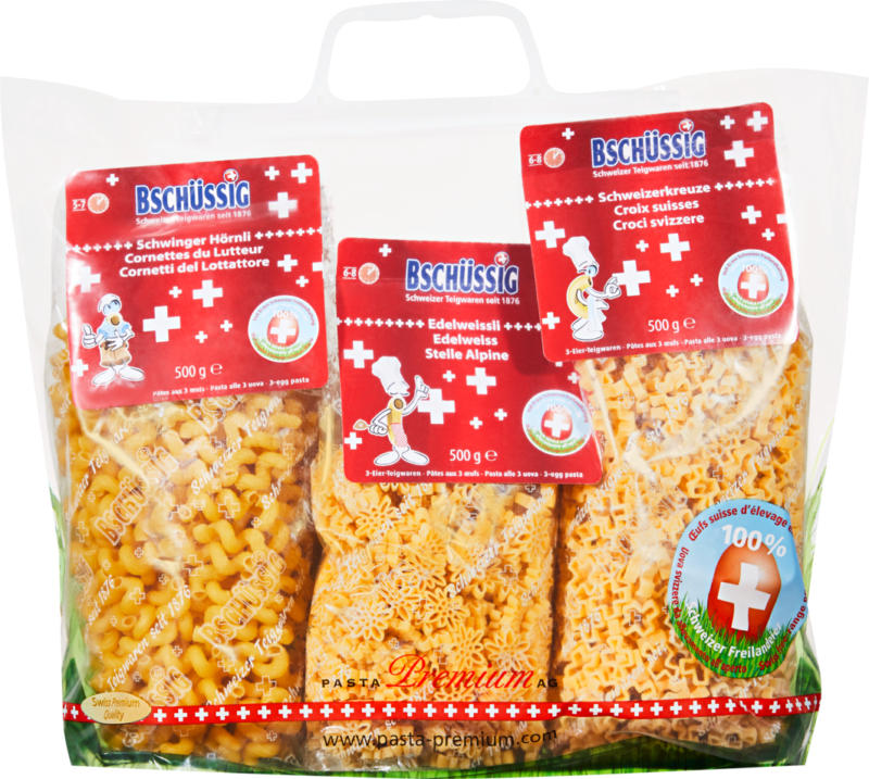 Bschüssig 3-Eier-Teigwaren, Schwingerhörnli, Edelweissli, Schweizerkreuze, 3 x 500 g