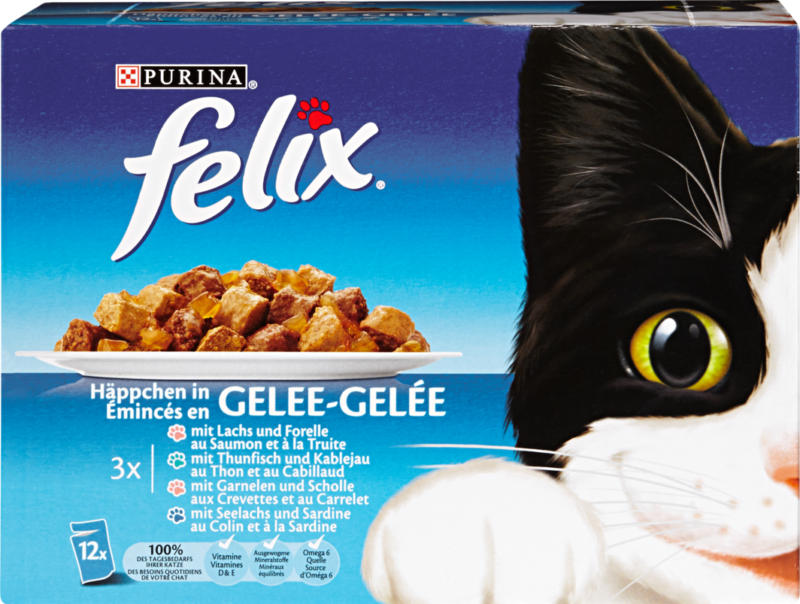 Emincés en gelée pour chats Felix, Poisson, assortis: thon, sardine, carrelet, saumon, 12 x 100 g