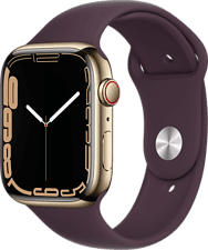 APPLE Watch Series 7 (GPS + Cellular) 45 mm - Smartwatch (Regular 140-210 mm, Hochleistungs-Fluorelastomer, Gold/Dunkelkirsch)