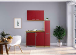 Miniküche mit Kühlschrank + Kochfeld 130cm Rot/Eiche Dekor