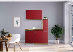 Miniküche mit Kühlschrank + Kochfeld 130cm Rot/Eiche Dekor