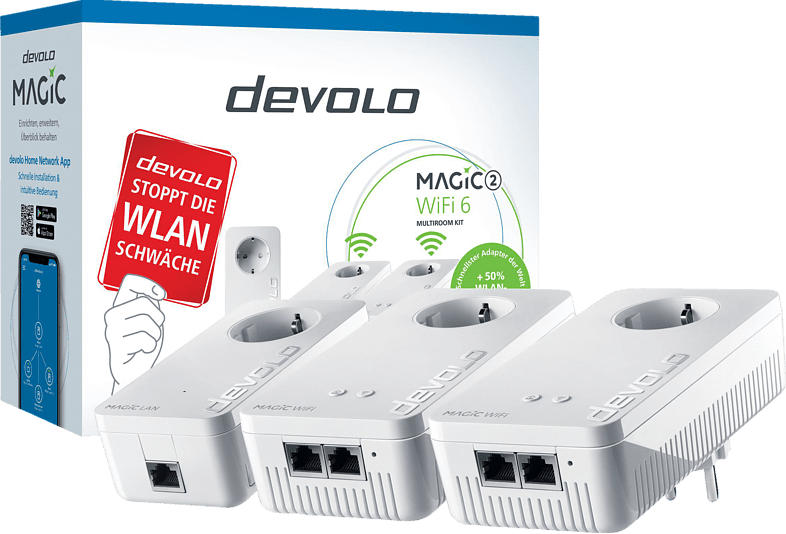 Devolo Magic 2 WiFi 6 Multiroom Kit, G.hn, 2.4GHz/5GHz WLAN, 2x RJ-45, 3er-Set, Weiß