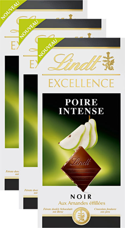 Tablette de chocolat Excellence Lindt, Poire Intense, Noir, 3 x 100 g