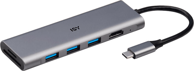 ISY Adapter IAD-1027 USB-C 3-in-1 Hub auf 3x USB 3.1 Typ-A, 1x HDMI 2.0, SD, MicroSD, Silber
