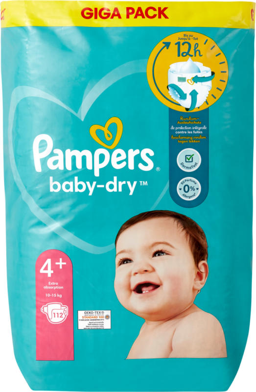Pampers Baby Dry , Taille 4+, Maxi Plus, 10 - 15 kg, 112 pièces