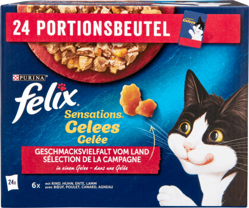 Felix Sensations Katzenfutter in Gelée, assortiert: Rind, Huhn, Ente, Lamm, 24 x 85 g