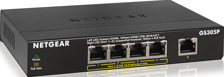 Netgear Desktop Gigabit Switch Soho GS305P, 5 RJ-45, 4 PoE+ mit 63W, Unmanaged, Schwarz