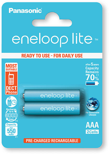 Eneloop Vorgeladener AAA lite Akku - 550 mAh, 2er Pack; Batterie wiederaufladbar