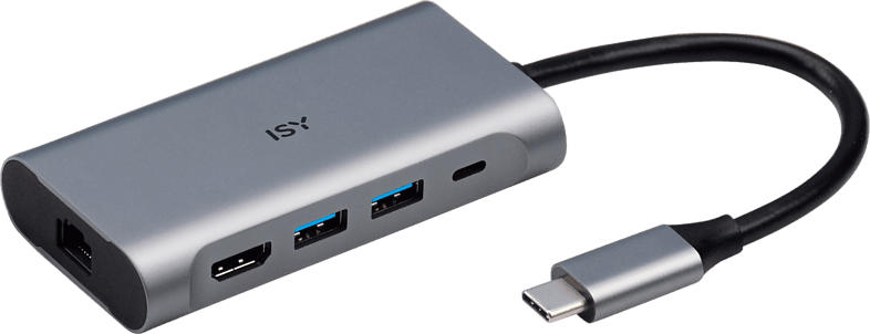 ISY Adapter IAD-1022 USB-C 4-in-1 Hub auf 2x USB 3.0 Typ-A, 1x HDMI, Gb-LAN, Typ-C PD, Silber