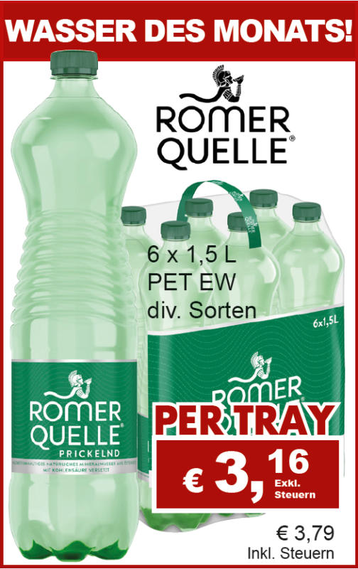 Römerquelle prickelnd, mild oder still PET Flasche 6er Tray