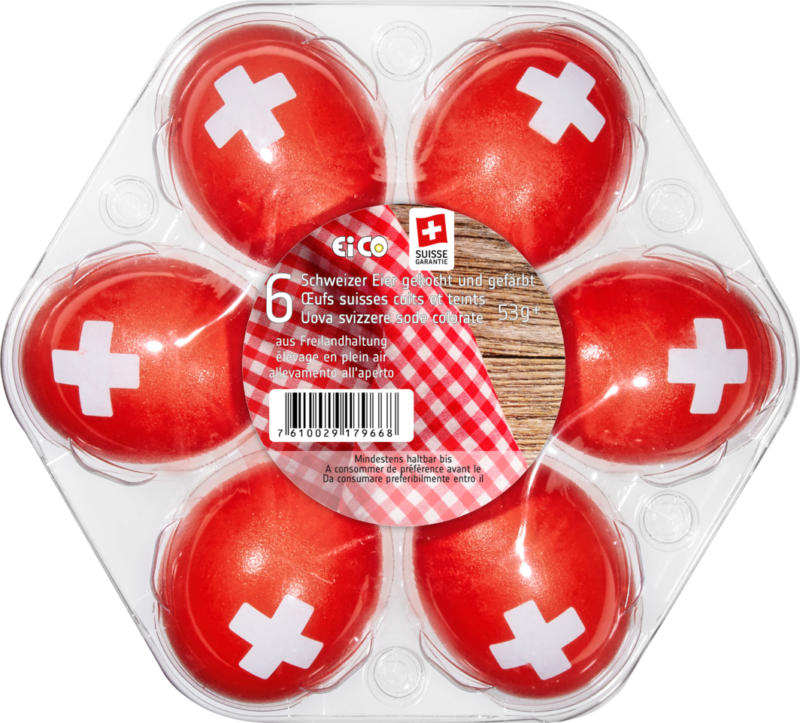 Œufs suisses pour pique-nique 1er Août, d’élevage en plein air, cuits et teints, 6 x 53 g+