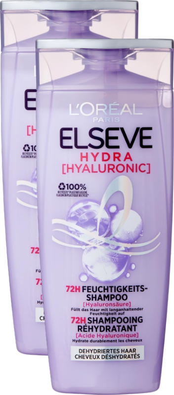 L’Oréal Elseve Feuchtigkeitsshampoo Hydra Hyaluronic 72h, 2 x 250 ml