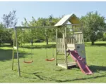 Hornbach Spielturm Salamander Holz mit Kletterwand, Schaukel, Sandkasten und Rutsche rot