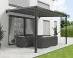 Hornbach Pergola mit Stoffdach 3,94x3,94 Stoff uni anthrazit Gestell RAL 9011 graphitschwarz inkl.Motor,Fernbedienung und LED Beleuchtung (Wandbefestigung)