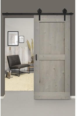 Schiebetür-Komplettset Barn Door Vintage grau grundiert MidBar Speichen 95x215 cm inkl. Türblatt,Schiebetürbeschlag,Abstandshalter 40 mm und Griff-Set