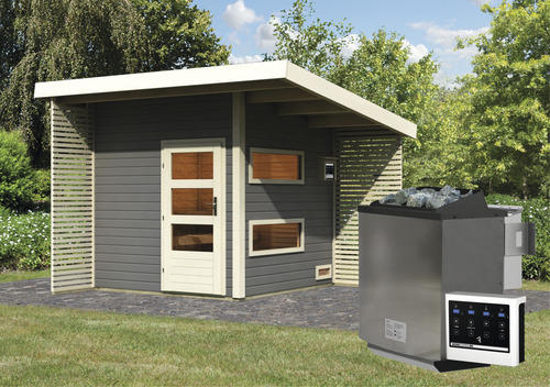 Saunahaus Karibu Avantes inkl. 9 kW Bio Ofen u.ext. Steuerung ohne Vorraum mit Fenster und Holztüre mit Klarglas terragrau/weiß