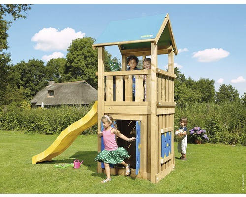 Spielturm Jungle Gym Castle Holz mit Spielhaus und Rutsche in der Farbe gelb, 290x146x291 cm