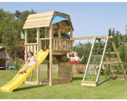 Spielturm Jungle Gym Barn Holz mit Einzelschaukel, Kletterwand, Sandkasten und Rutsche in der Farbe gelb, 497x423x322 cm