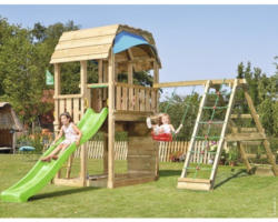 Spielturm Jungle Gym Barn Holz mit Einzelschaukel, Kletterwand Sandkasten und Rutsche in der Farbe hellgrün, 497x423x322 cm
