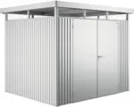 Hornbach Gartenhaus Biohort HighLine inkl. Dachrinne Regale Set Lüftung Oberlicht 254 x 214 cm silber-metallic