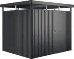 Hornbach Gartenhaus Biohort HighLine inkl. Dachrinne Regale Set Lüftung Oberlicht 254 x 214 cm dunkelgrau-metallic