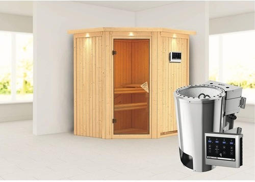 Plug & Play Sauna Karibu Monja Sparset inkl. 3,6 kW Bio Ofen u.ext.Streuerung mit Dachkranz und bronzierter Ganzglastüre