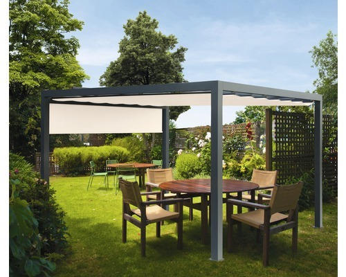 Pavillon Grau 300 x 400 cm Dessin 6020 beige mit Senkrechtmarkise