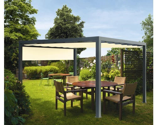 Pavillon Grau 400 x 300 cm Dessin 6610 gelb mit Senkrechtmarkise