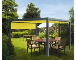 Pavillon Grau 300 x 600 cm Dessin 7703 gelb mit Senkrechtmarkise