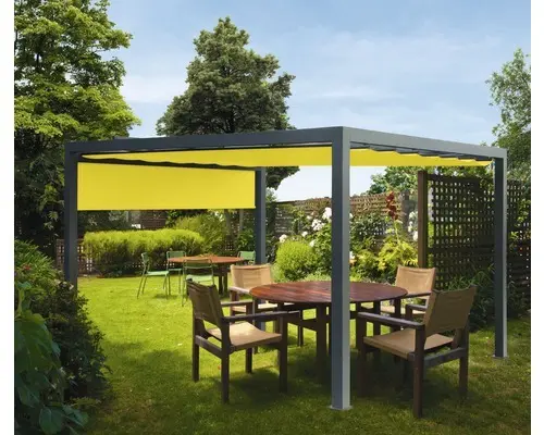 Pavillon Grau 300 x 600 cm Dessin 7703 gelb mit Senkrechtmarkise