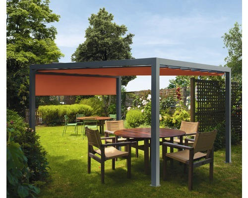 Pavillon Grau 300 x 500 cm Dessin 8207 rot mit Senkrechtmarkise