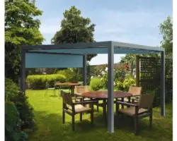 Pavillon Grau 500 x 300 cm Dessin 8901 blaugrau mit Senkrechtmarkise